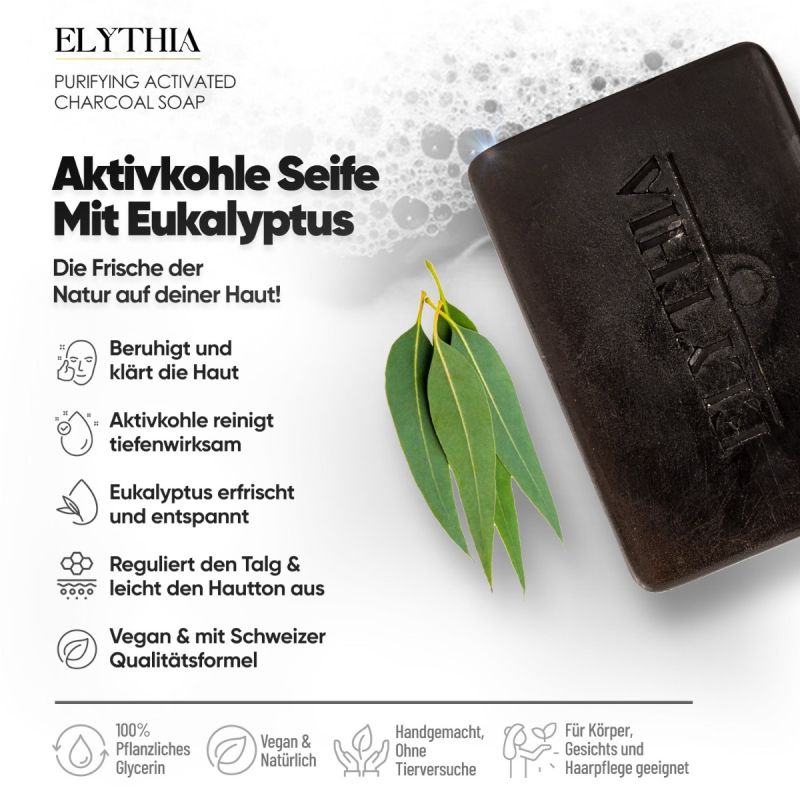 Elythia Aktivkohle-Seife mit Eukalyptus – Tiefenreinigung & Frische