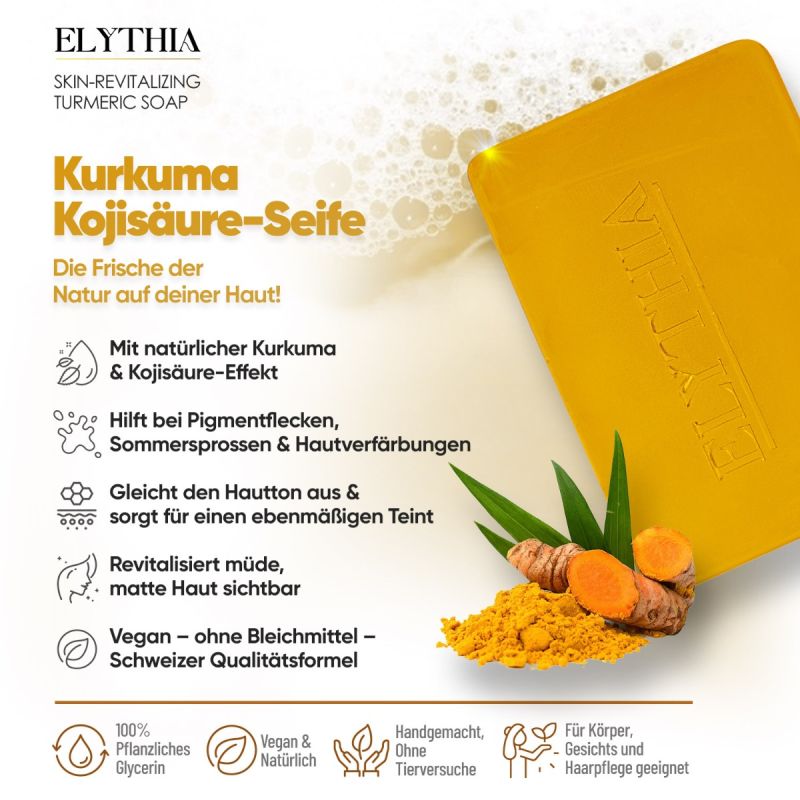 Elythia Kurkuma Kojsäure-Seife – Für einen ebenmäßigen, strahlenden Teint. Kojic Acid Soap
